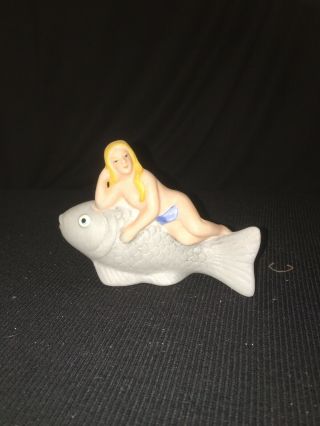 Vintage Bathing Beauty On Fish Mermaid Figurine Ceramic Bisque Nude Pin Up Girl