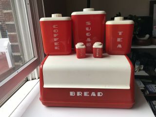 Vintage 1950s Lustro Ware Red & White Mid Century Plastic Kitchen Canister Set