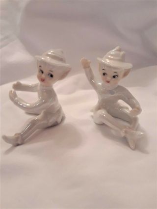 Vintage Lefton Japan White Pixie Elf Figurines Pearl Iridescent Set Of 2