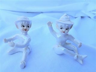 Vintage LEFTON Japan White Pixie Elf Figurines Pearl Iridescent set of 2 2