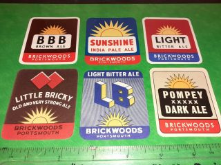 6 X C1950s Beer Paper Label (brickwoods Portsmouth) " Ale/stout/sunshine/bitter Etc