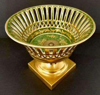 Antique Or Vintage Sevres Porcelain Reticulated Compote In Green And Gold 2