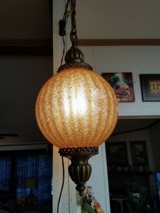 70s Vintage Amber Glass Hanging Swag Pendant Lamp Chain Retro Mid Century Light
