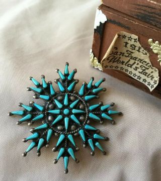 Vtg Signed Old Pawn Zuni Petit Point Turquoise Sterling Snowflake Pin Pendant