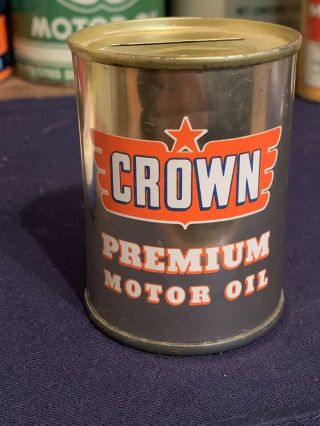 Vintage Crown Premium Motor Oil Coin Bank 3 " Metal Oil Can Gas Sign