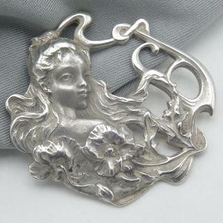 Vtg Art Nouveau Revival Lady Floral Sterling Silver Pendant