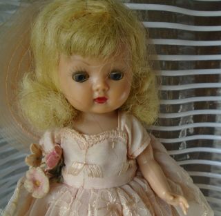 Vintage 1950s 8 " Walker Nasb Muffie Doll Blue Eye Platinum Blond Gown & Hat