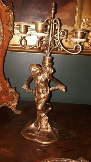 Large 19th C.  French Gilt Bronze Ormolu Lady Art Nouveau 4 Lite Candelabra Euc