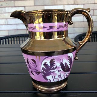 Antique English Copper Luster Pink House Pitcher Jug 3