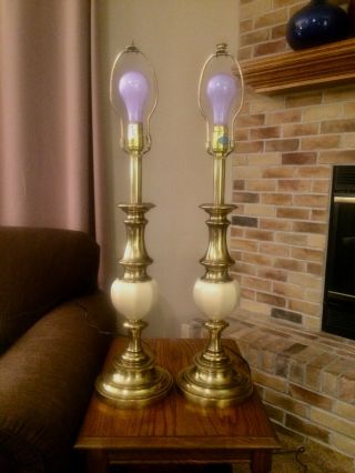 2 Stiffel Vintage Table Lamps,  Brass And Porcelain,  Hollywood Regency Design