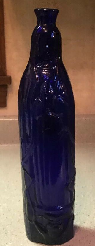Colbalt Blue Pray Madonna Virgin Mary Hand Blown Pontil Glass Bottle Holy Water