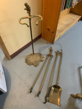 Vintage Victorian 4 Piece Solid Brass Fireplace Tool Set In.