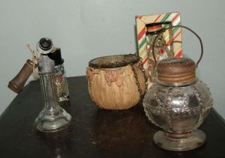 3 Vintage Antique Pressed Glass Candy Containers Phone,  Kettle & Lantern