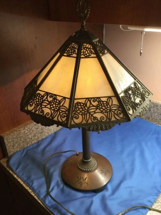 Antique Bradley Hubbard B&h Table Lamp Slag Stained Glass Art Nouveau Signed