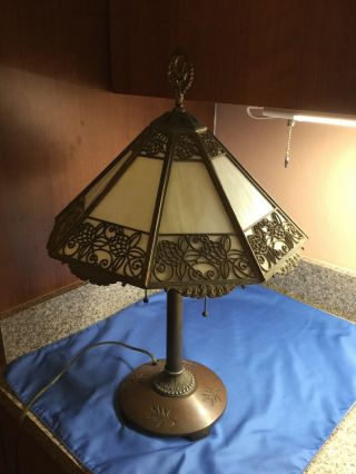 Antique Bradley Hubbard B&H Table Lamp Slag Stained Glass ART NOUVEAU Signed 2