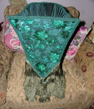 Large Antique Victorian French Lampshade Green Damask With Beading And Fringe