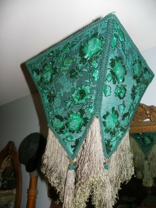 LARGE ANTIQUE VICTORIAN FRENCH LAMPSHADE GREEN DAMASK WITH BEADING AND FRINGE 2