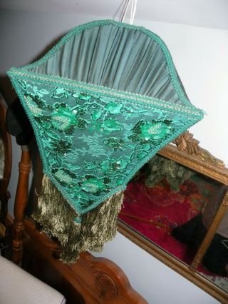 LARGE ANTIQUE VICTORIAN FRENCH LAMPSHADE GREEN DAMASK WITH BEADING AND FRINGE 3