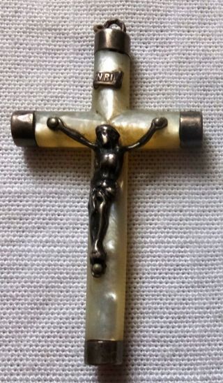 Antique Cross Crucifix Mother Of Pearl For Rosary Or Pendant Ends Are Metal