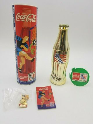 Vintage 1994 World Cup Soccer Coca Cola Gold Coke Bottle & Pin