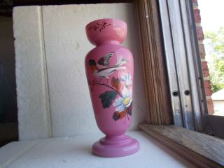 1880s Antique Pink Cased Glass Vase Hand Painted Enamel Bird & Flower