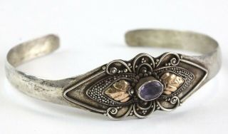 Vtg Sterling Silver Gold Accented Oval Purple Amethyst Bali Style Bracelet Lwa