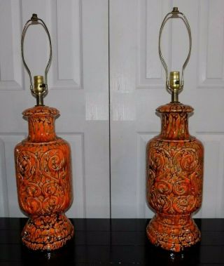Pair Vtg Mid Century Drip Glazed Orange Brown Table Lamps