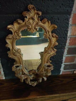 Antique Victorian Gold Gilt Cast Iron Mirror & Candle Holder Wall Sconce