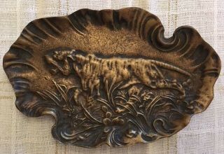 Antique Art Nouveau Cast Brass Tiger Tray Trinket Card Dish
