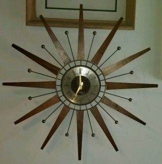 Reclaimed Vintage Mcm Seth Thomas Sunburst Starburst Gold Tone Wood Wall Clock