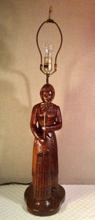 Vintage Hand Carved Walnut Folk Art Table Lamp 32 " H Woman With Butter Churn