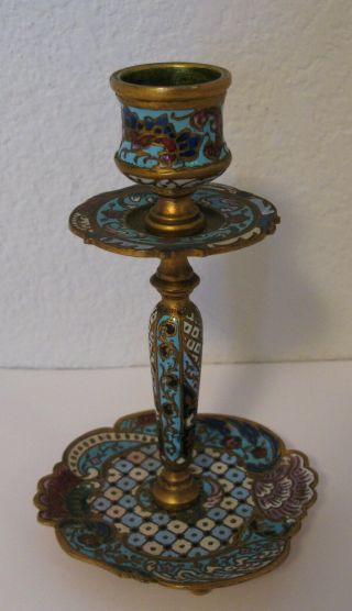 Antique Ornate French Enameled Champleve Candlestick A Beauty