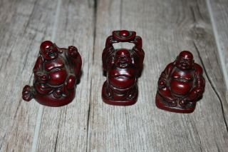 3 Dark Red Resin Fat Happy Laughing Buddha Statue Figurine Figurines