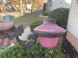 Antique Cast Iron Victorian Wall Bracket W/ Pink Glass Oil Lamp Font Wall Mount