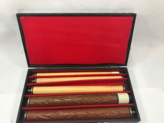 Vintage 5 Piece Hand Carved Pool Cue Billiard Stick In Hard Carrying Case