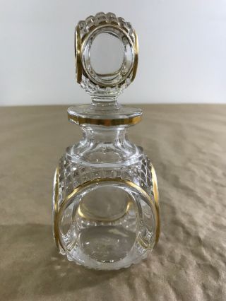 Vintage Art Deco Bohemian Cut Glass Perfume Bottle W Stopper Gold Trim G24