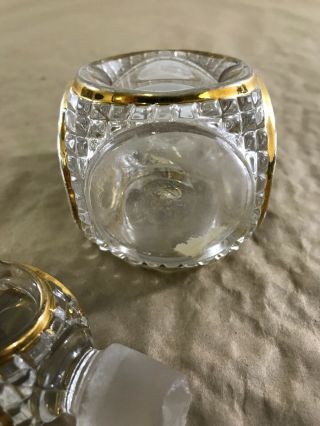 Vintage Art Deco Bohemian Cut Glass Perfume Bottle w Stopper Gold Trim G24 3