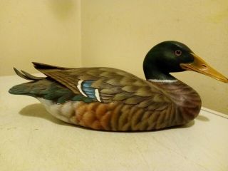 Vintage Wooden Hand Carved Painted Mallard Duck Decoy Glass Eyes 10 " L