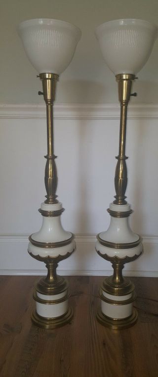 Vintage Pair Neoclassical Stiffel Torchiere Lamps W White Glass Shade 38.  5 " Tall