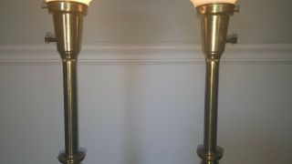 VINTAGE PAIR NEOCLASSICAL STIFFEL TORCHIERE LAMPS w white glass shade 38.  5 
