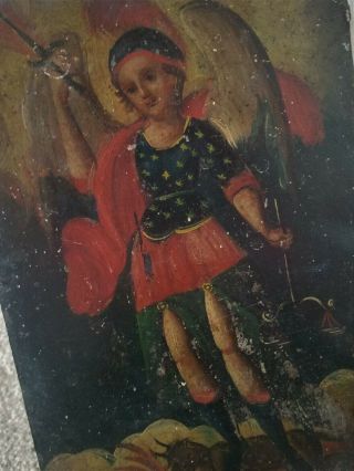 Antique 19th Century Oil Painting On Tin Portrait Of Religious Figures.  Gree/rus