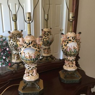 Vintage Capodimonte Lamps W Very Rare Ornate Lamp Shade Topper