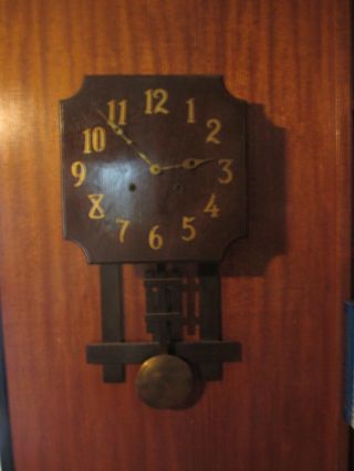 Vintage Arts & Crafts Mission Oak Wall Clock W.  Pendulum Movement.  Well