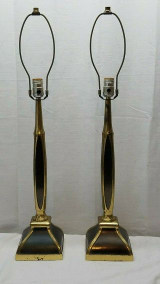 Vintage Mid Century Modern Brass Laurel Metal Table Lamps Black Gold 30 "