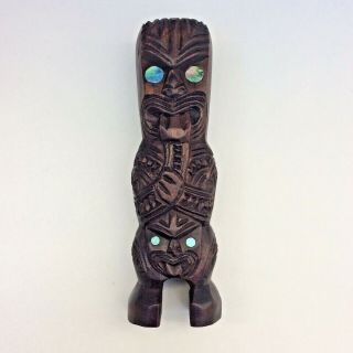 Vintage Zealand Maori Wood Carving Double Tiki Totem Paua Shell Eyes