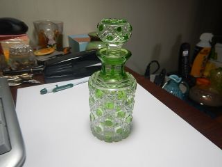Antique Glass Cut To Clear Green Crystal Perfume Scent Cologne Bottle Cane