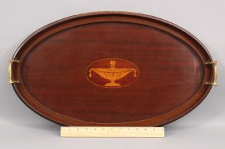 Early 20thc Antique Sheraton Urn Inlay Solid Mahogany Oval Wood Tray,  Nr
