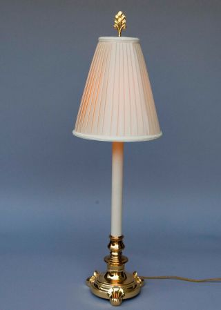 Stiffel Polished Brass Candlestick Table Lamp W/silk Shade Vgc.