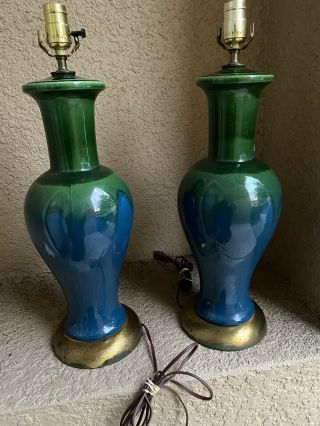 Pair Vintage Mid Century Modern Blue Green Drip Ceramic Pottery Table Lamps