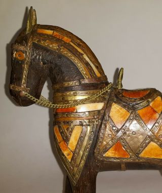Vintage Hand Carved Wooden Horse Statue Figure Inlaid With Brass Shell Copper